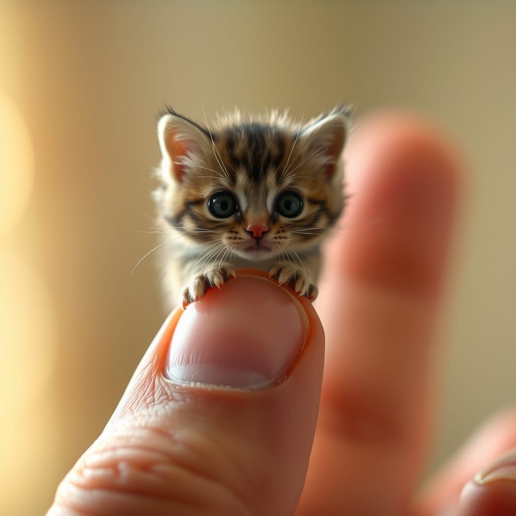 Adorable Miniature Cat Perched on Human Finger in Hyper-Real...