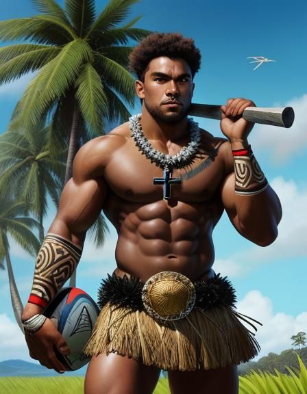 Fijian Warrior with Rugby Ball and Cross, Comic Art