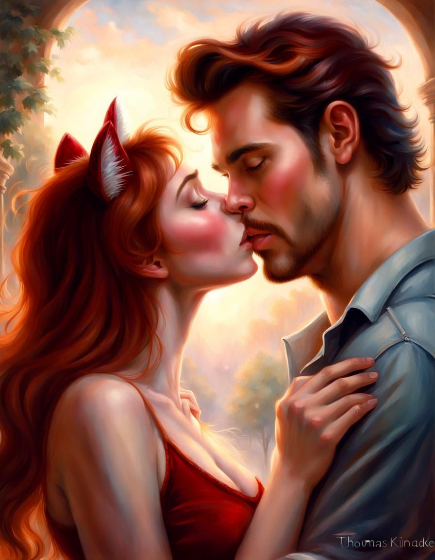 Ethereal Fantasy Portrait: Auburn-Haired Catgirl Kissing Man