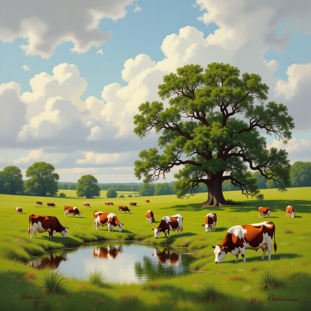 Cows Grazing Under Oak Tree in Serene Meadow Painting