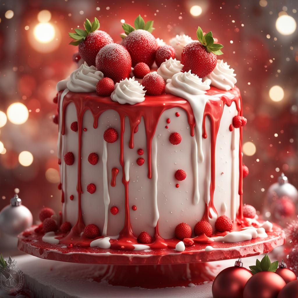 Christmas Cake with Red Icing, Hyperdetailed Art