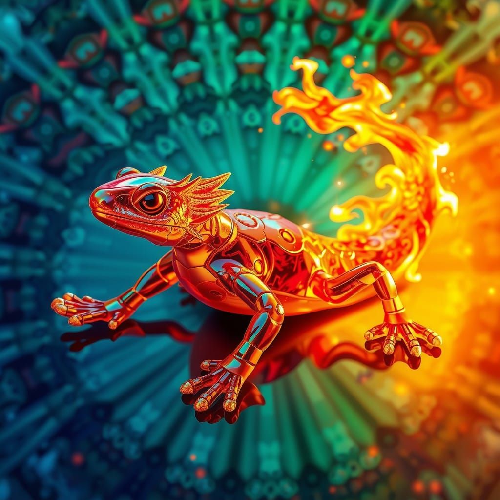 Crystal Salamander Spirit in Vibrant, Ethereal Flames