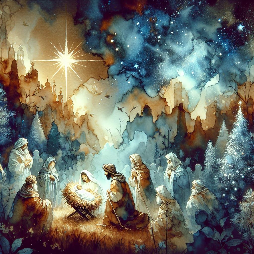 Christmas Nativity Scene in Dreamy Watercolor Style