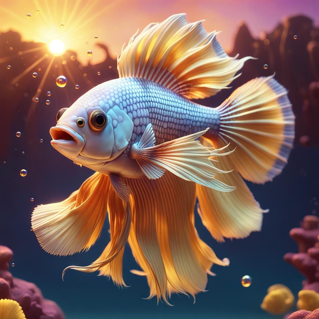 Golden Crown Betta Fish with Bubbles: 3D Digital Art