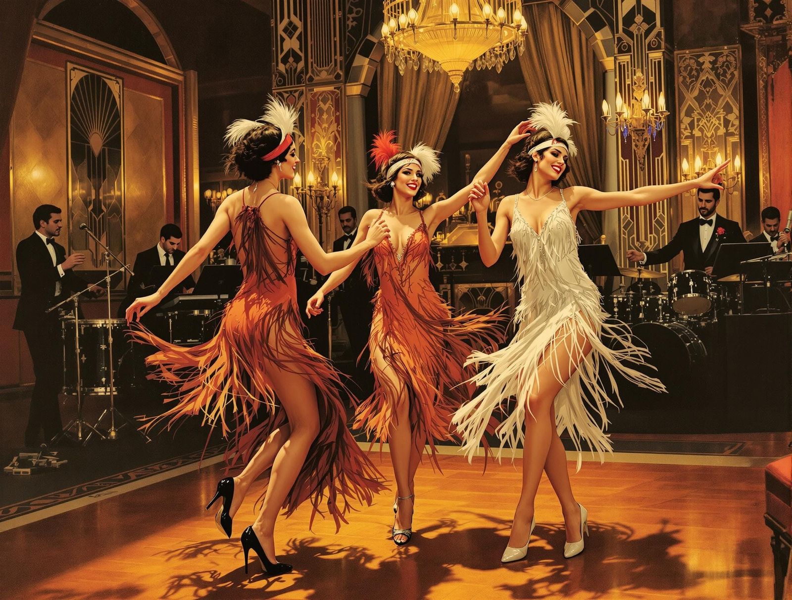 1920s Flappers Dance the Charleston in a Lavish Art Deco Dan...