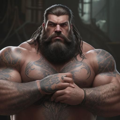 Cinematic image of a large muscular man with an overgrown be...