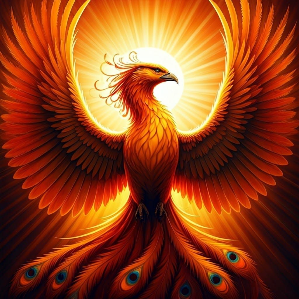 Majestic Phoenix Rises in Golden Sunlight with Vibrant, Swir...