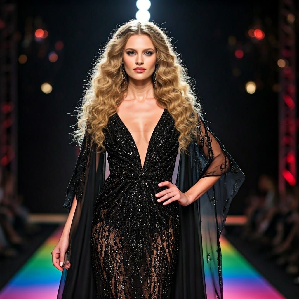 Elegant Blonde Model Struts Down Runway in Glittering Black ...