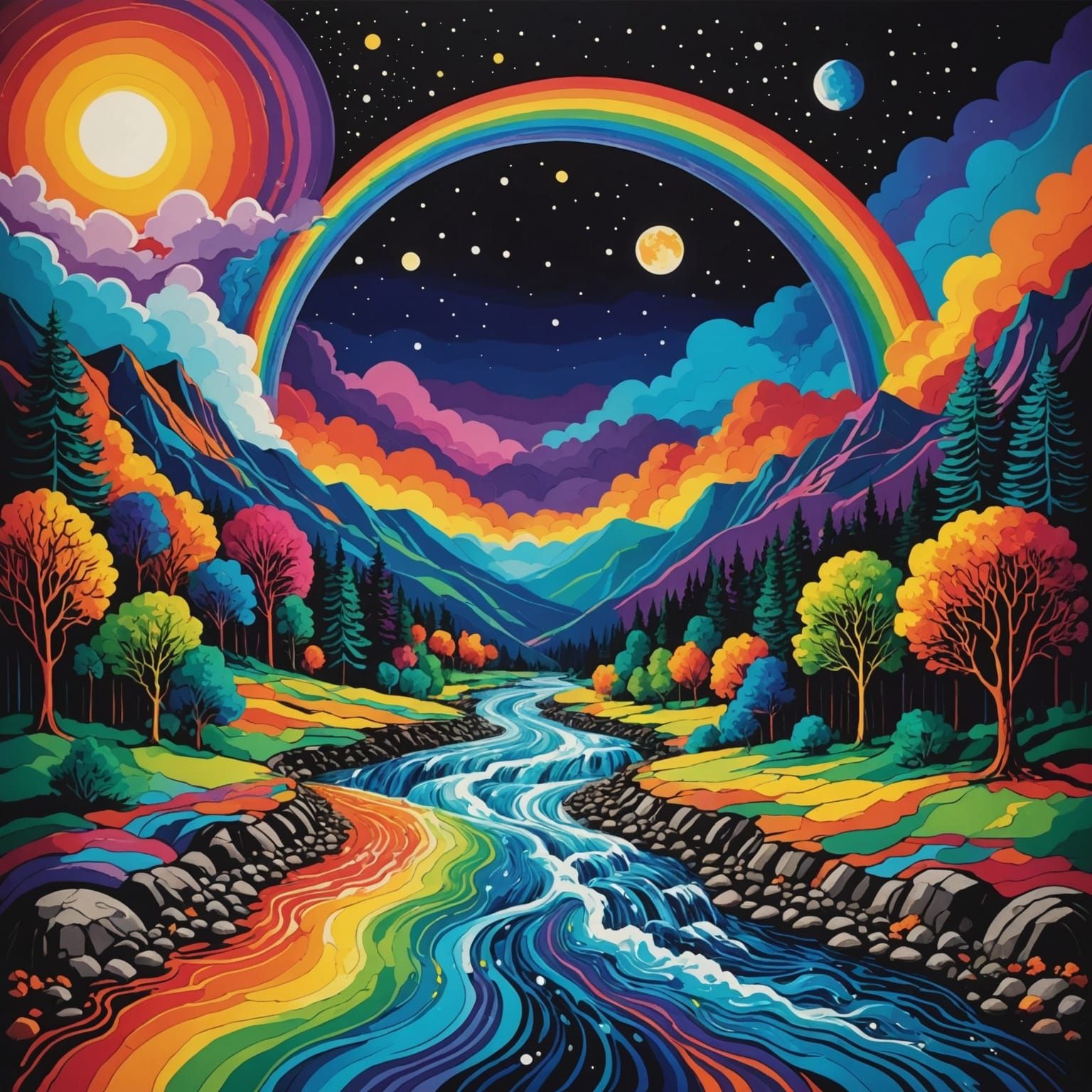 Vibrant Cosmic Oasis in a Rainbow River