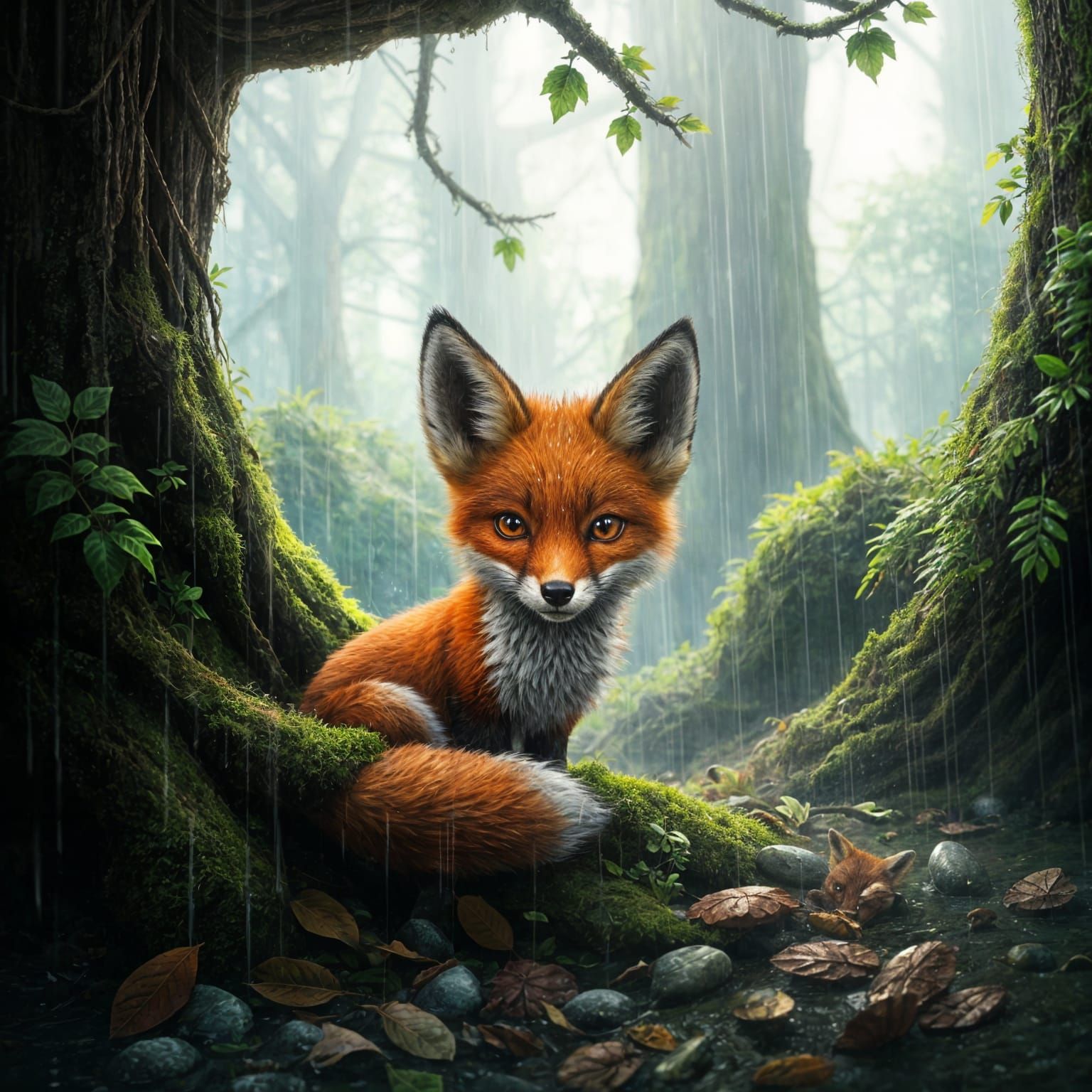 Hyperrealistic Fox Shelters from Heavy Rain in Detailed Fore...