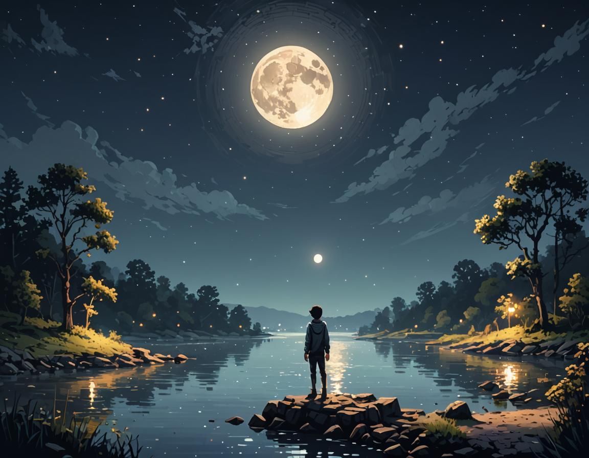 Boy Gazing at Moon in Soft Focus Pixel Art