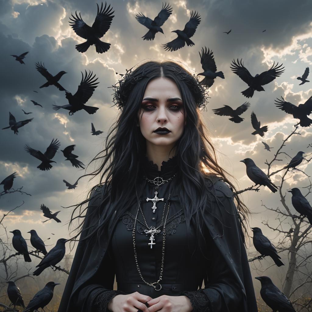 Sad Goth Girl with Crows in Divine Light