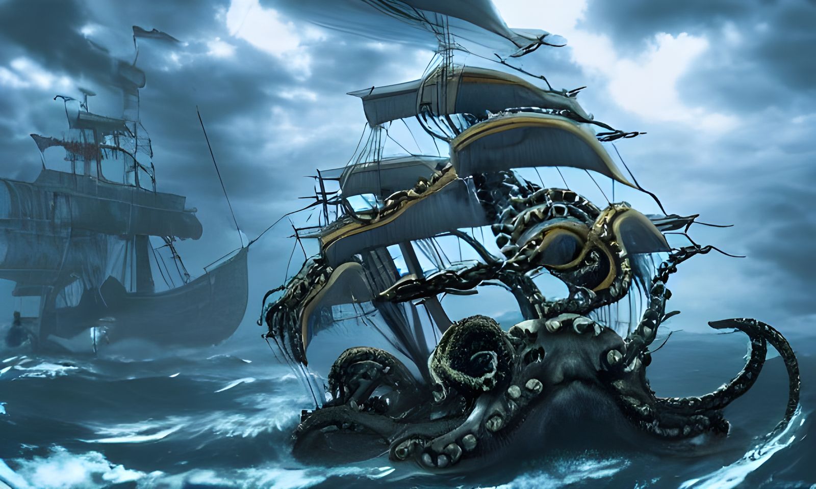 Kraken Devouring Pirate Ship in Hyperrealism