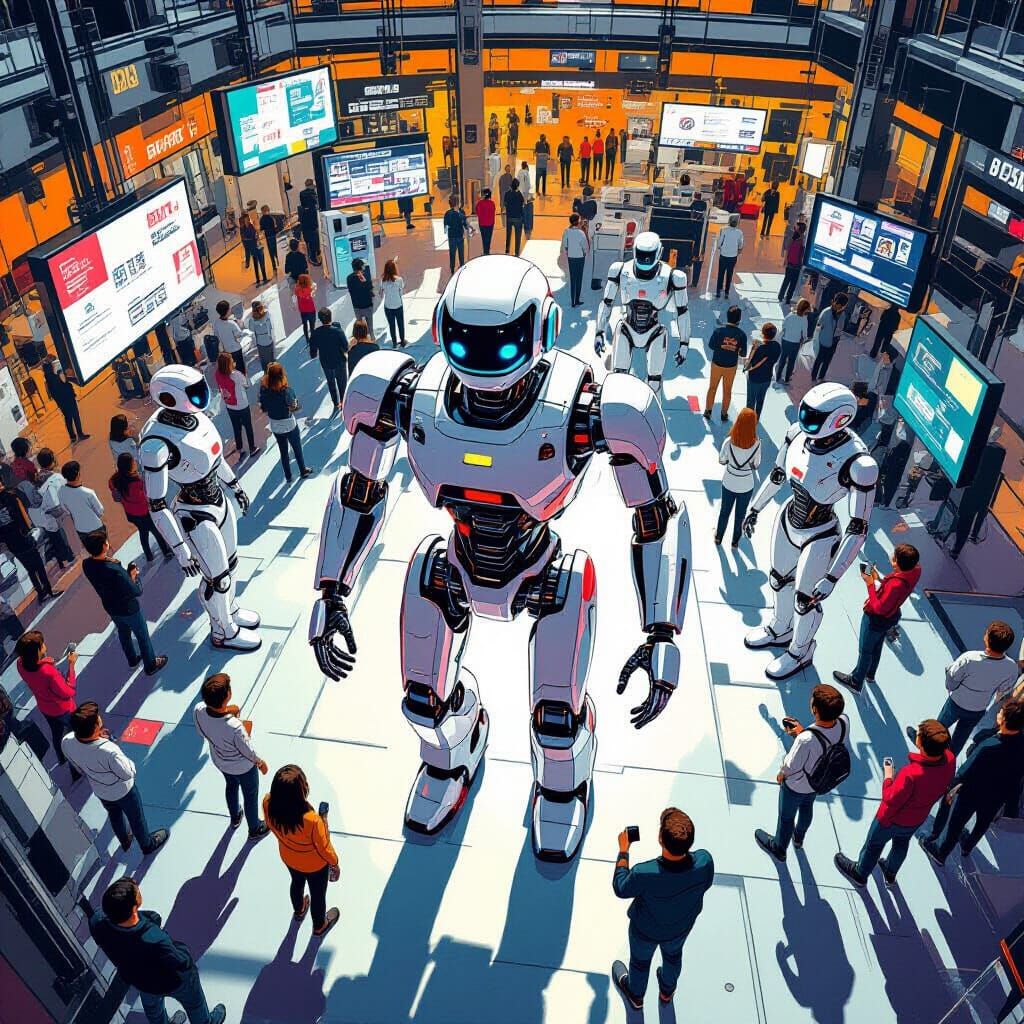 Aerial View of a Robotics Fair in Futuristic Style