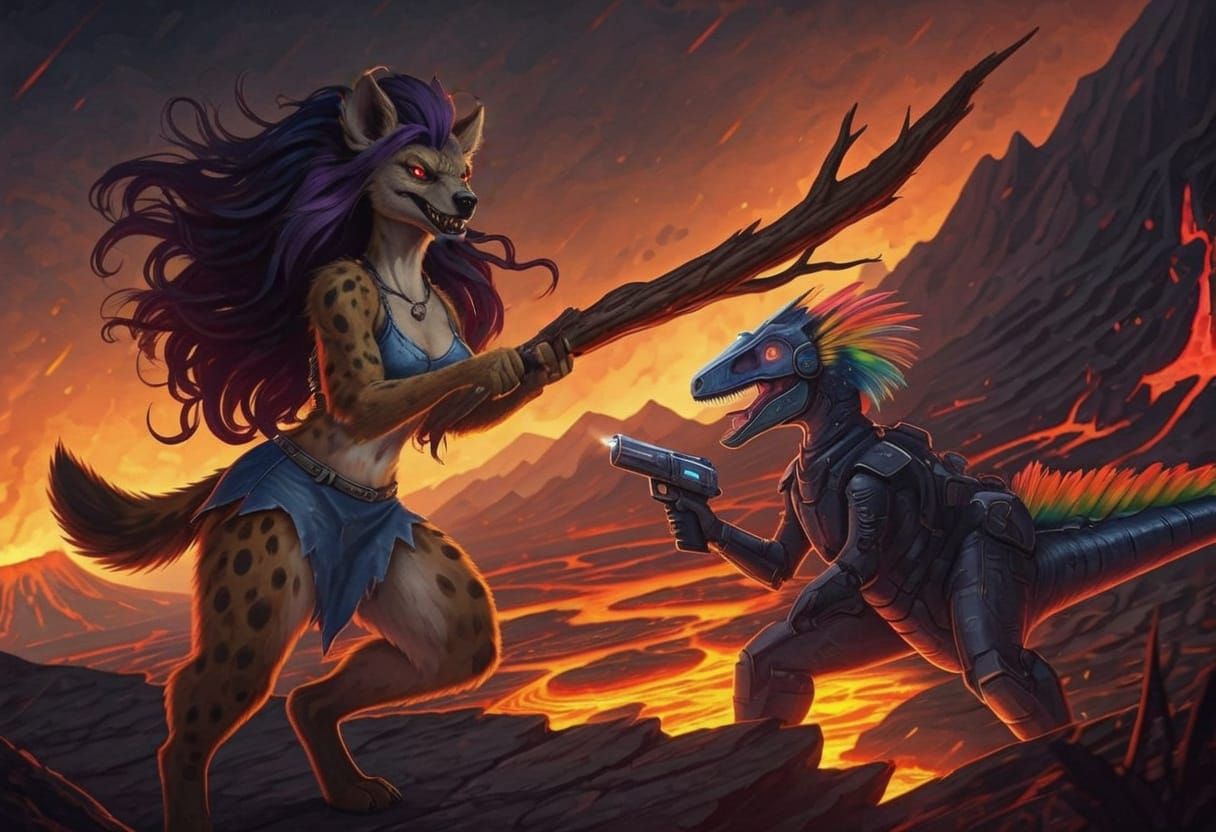 Hyena Cavewoman vs Armored Dinosaur in McFarlane Style
