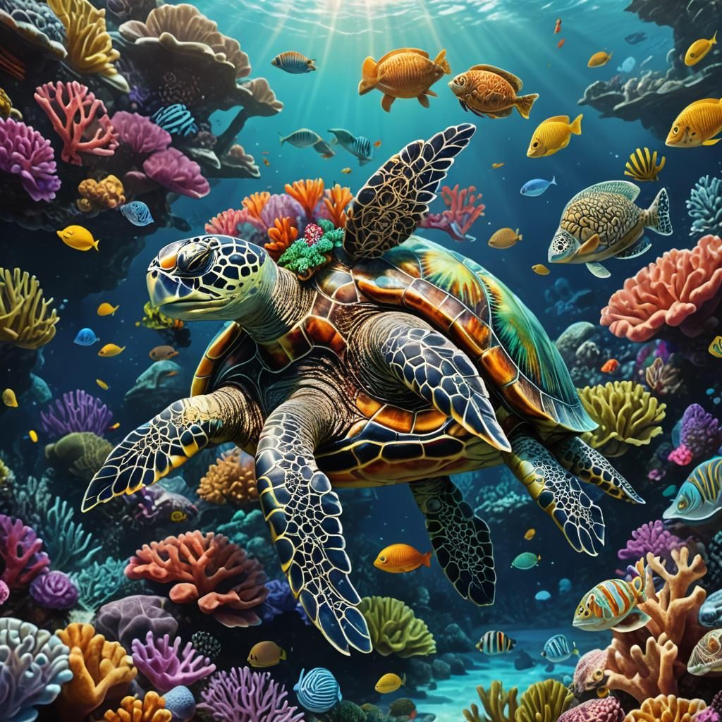 Majestic Turtle in Fantastical Underwater World