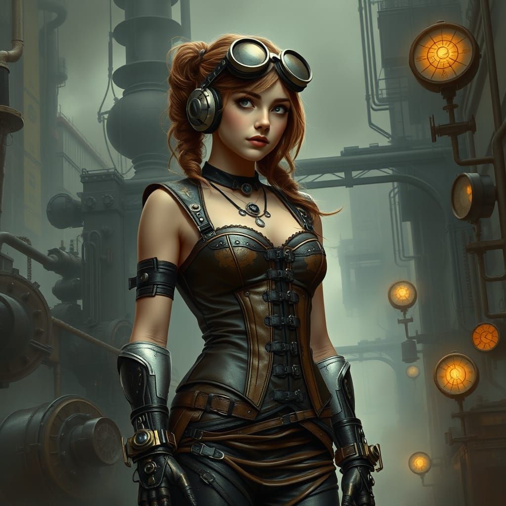 Steampunk Teen Girl in Foggy Cityscape