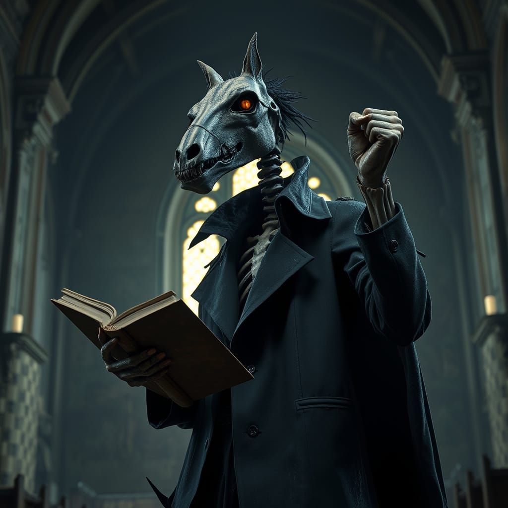 Skeletal Preacher in Tattered Black Trench Coat, Surrounded ...