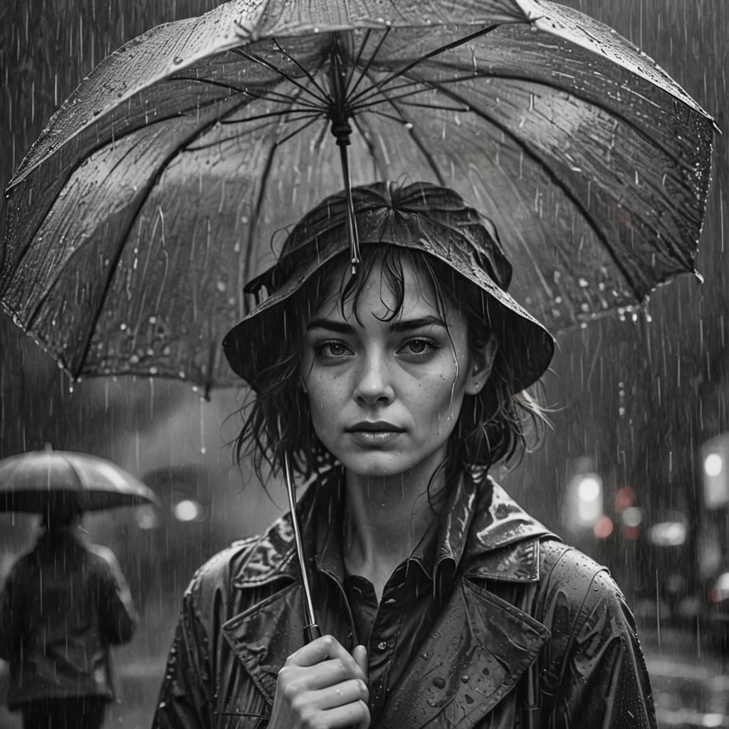 Woman with Umbrella in Rain, Charcoal Ink Drawing