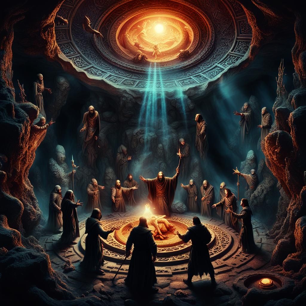 Dark Fantasy Cultists Dancing in Mystical Cavern