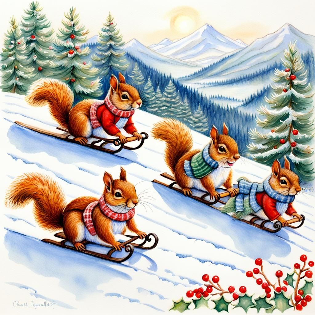 Squirrels Sledding in Winter, Children's Book Illustration