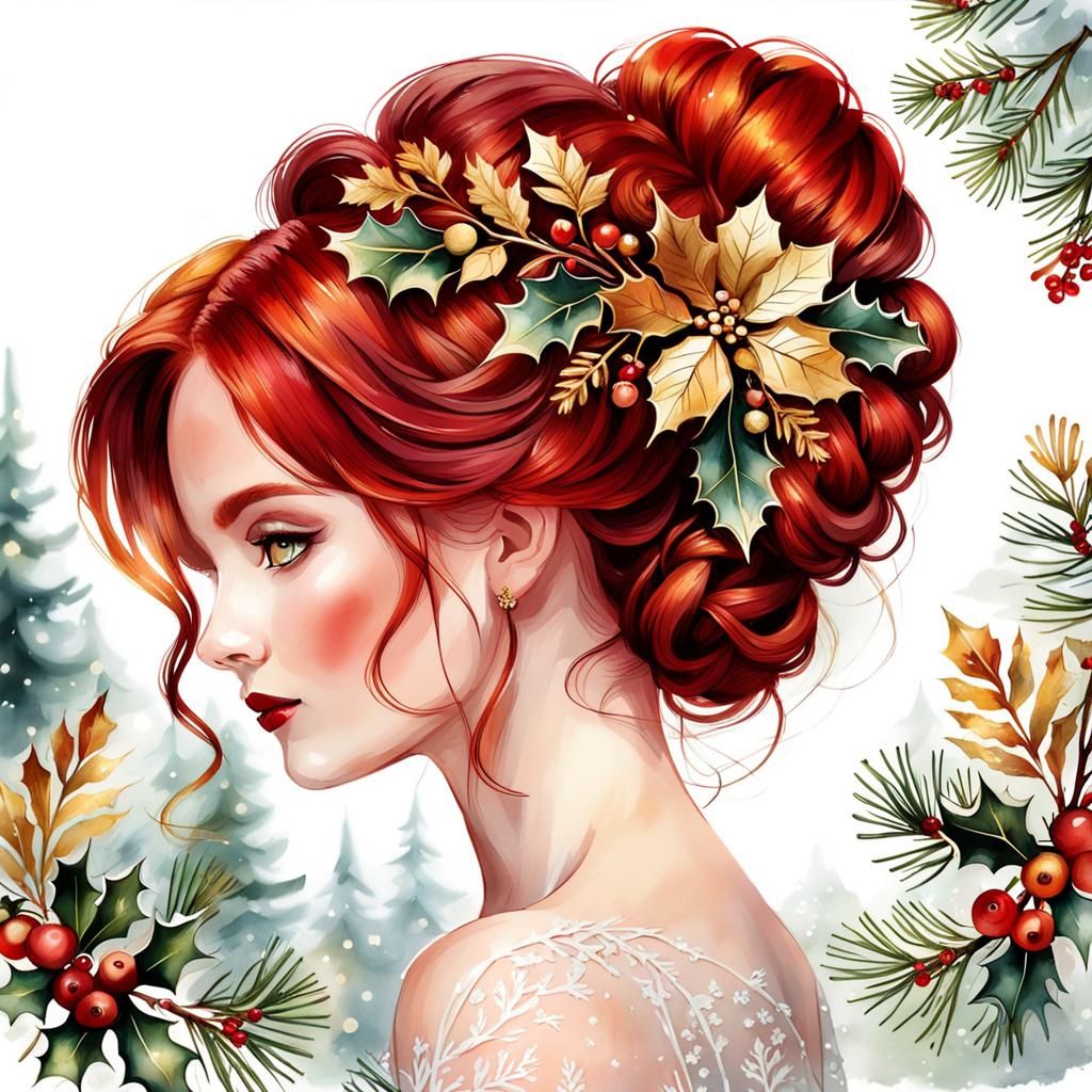 Elegant Red Hair Updo with Autumn and Winter Elements