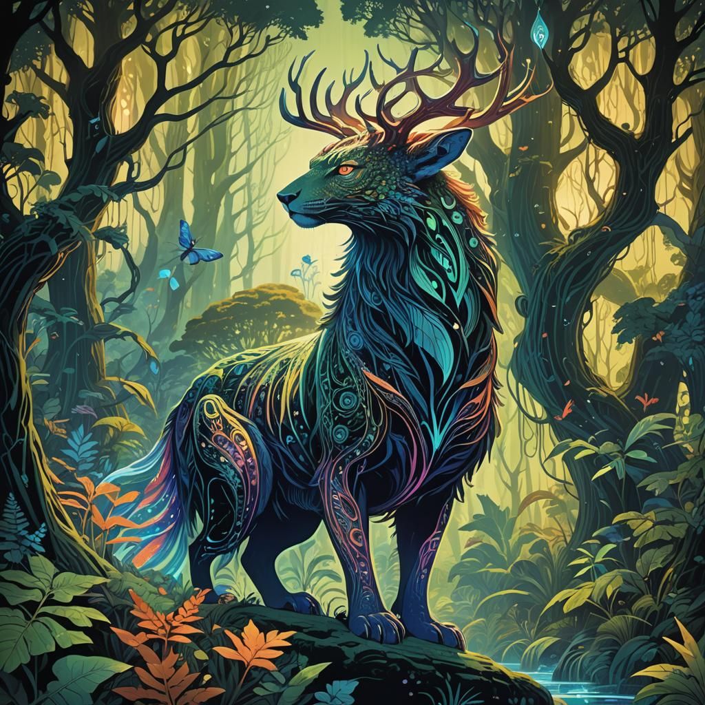 Majestic Iridescent Creature in Bioluminescent Landscape