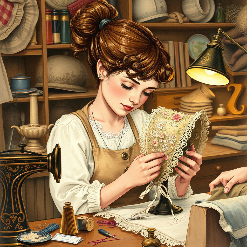 Seamstress Repairs Bonnet in Golden Age Illustration Style
