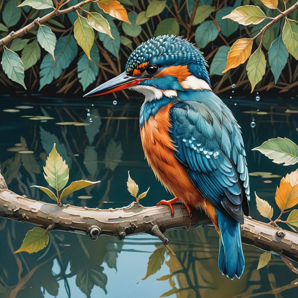 Colourful Kingfisher Gouache Painting with Water Reflection