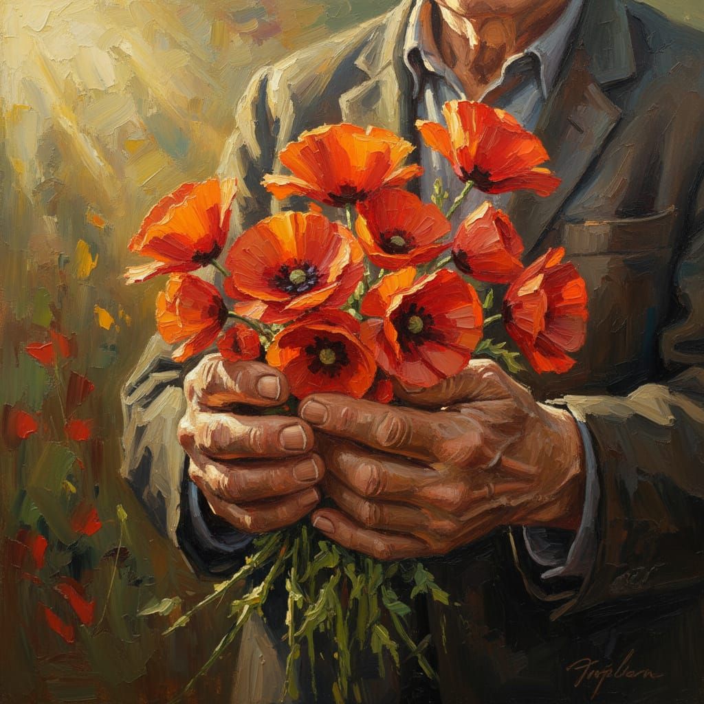 Old Man's Hands Holding Flanders Poppies in Oil Paint