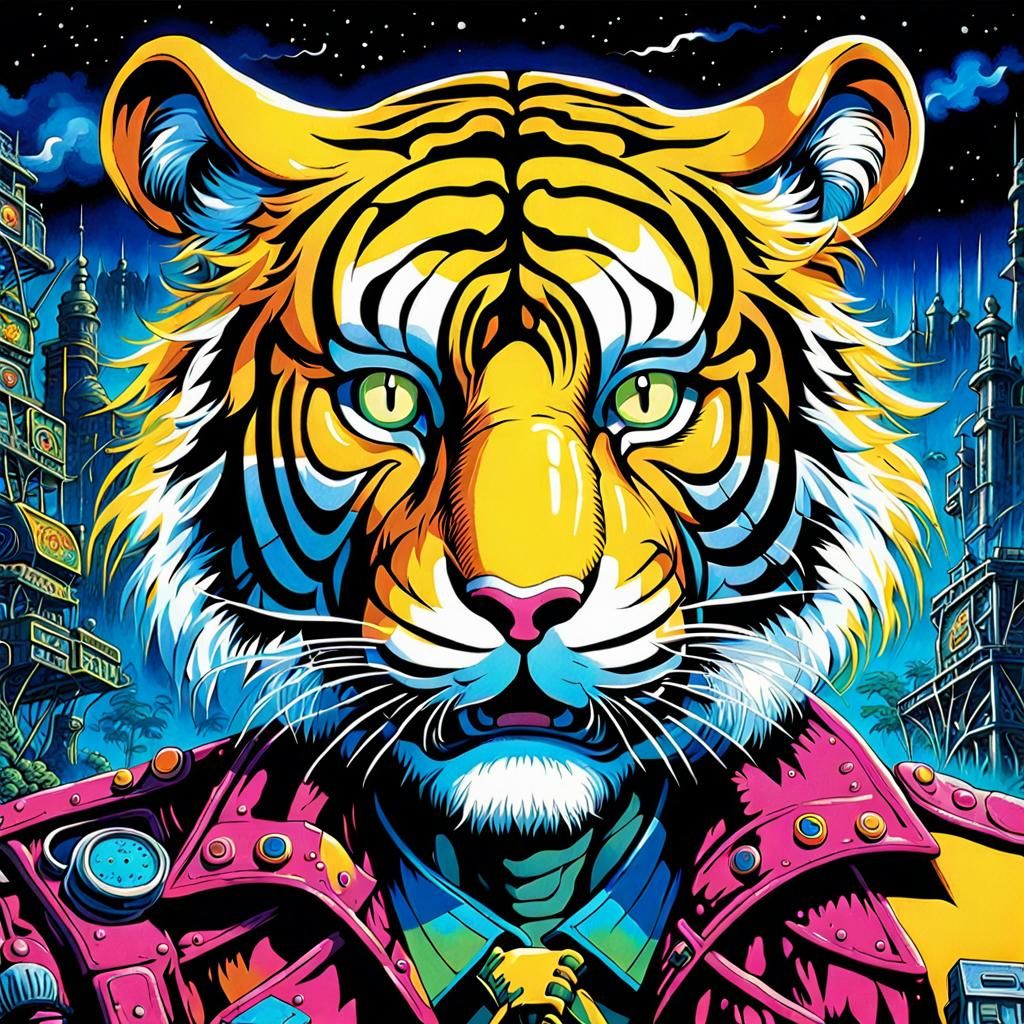 Biopunk Tiger in 80s Anime Style Illustration