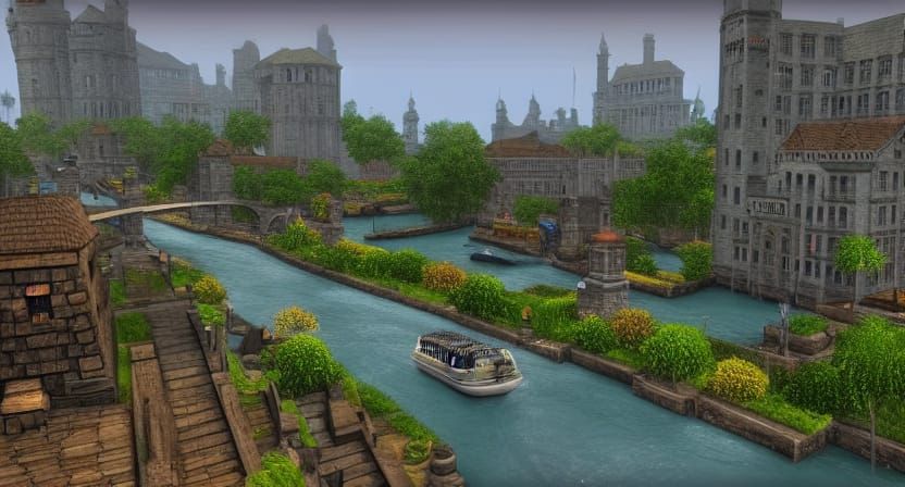 MMORPG-Inspired Cityscape with Canal and Waterfall