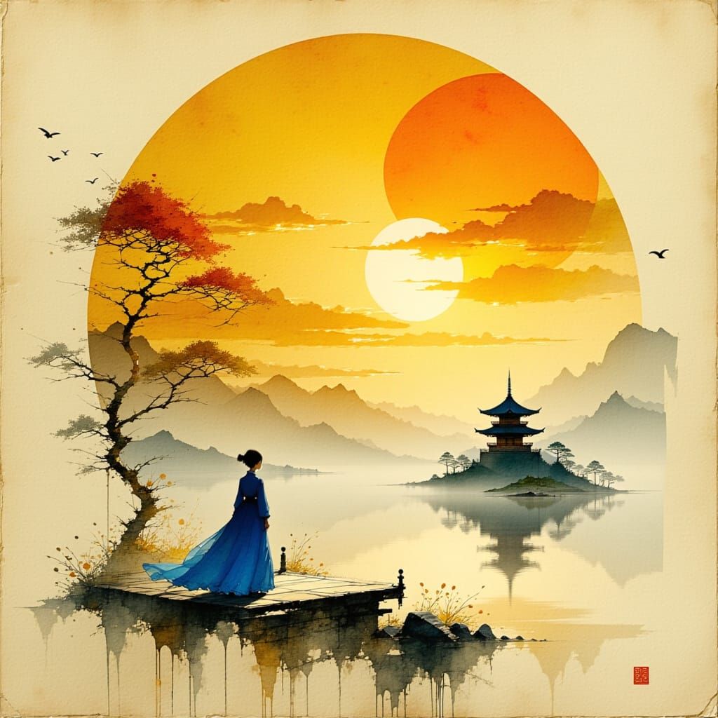 Serene Lake Sunset with Asian Pagoda in Watercolor