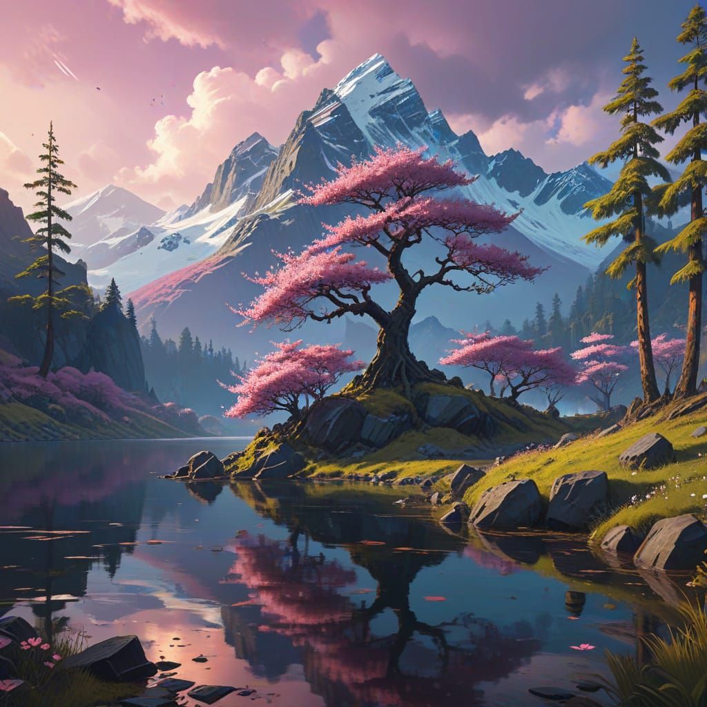 Cherry Blossom Tree and Lake: Digital Matte Painting