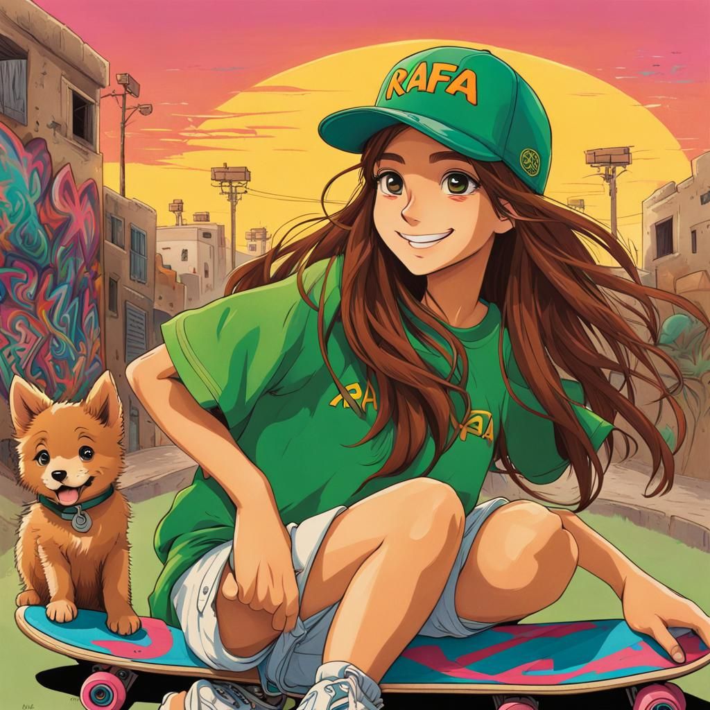 Ghibli-Style Girl Skateboarding at Desert Sunrise
