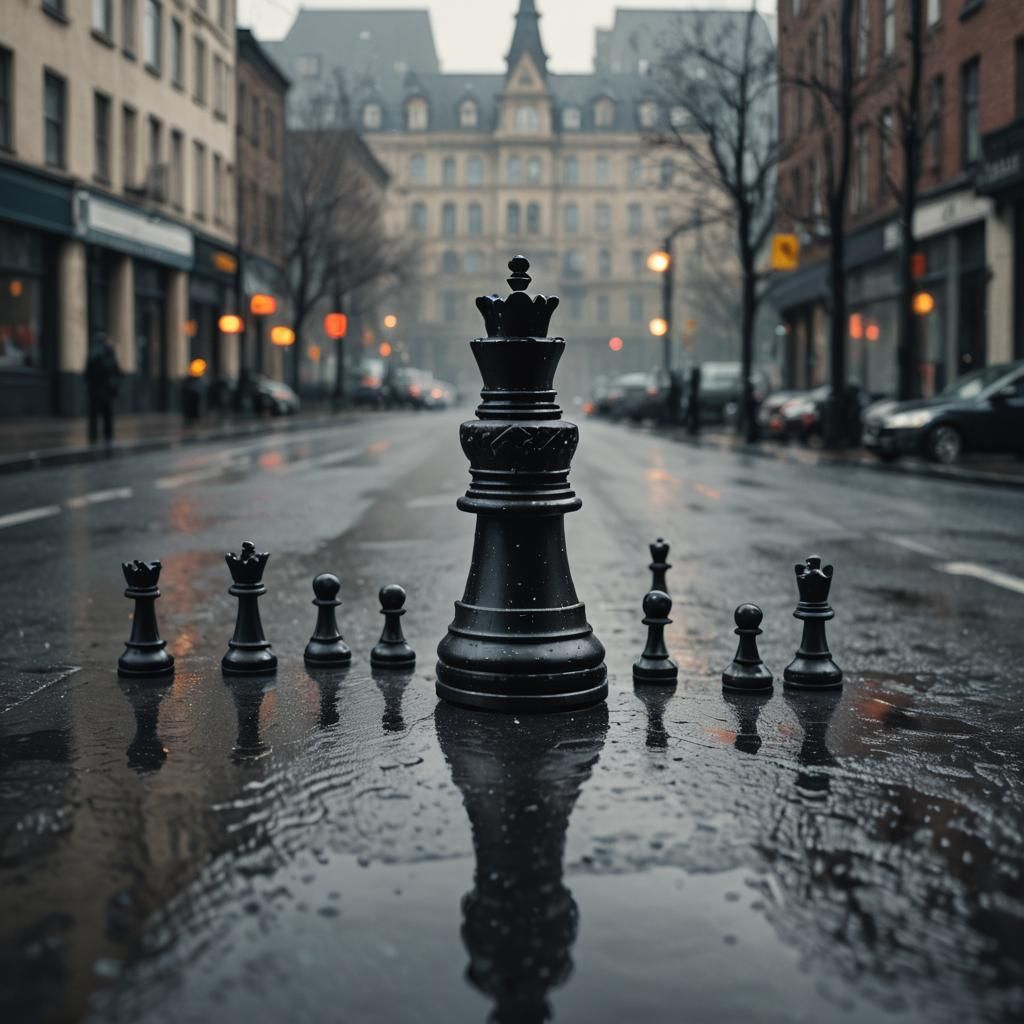 Urban Realism: Chess Queen in Rainy Cityscape