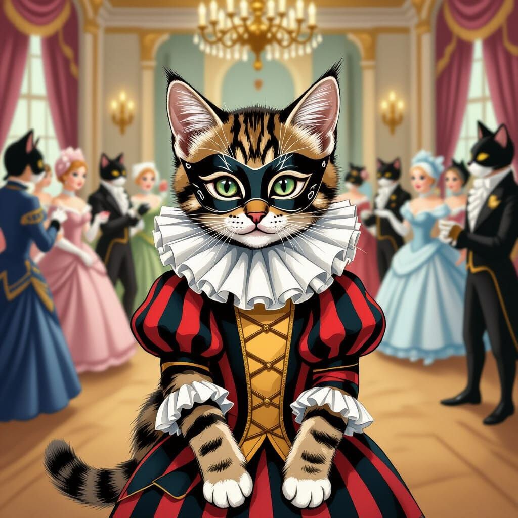 Style of Tenniel, a tabby kitten dressed as a masked harlequ...