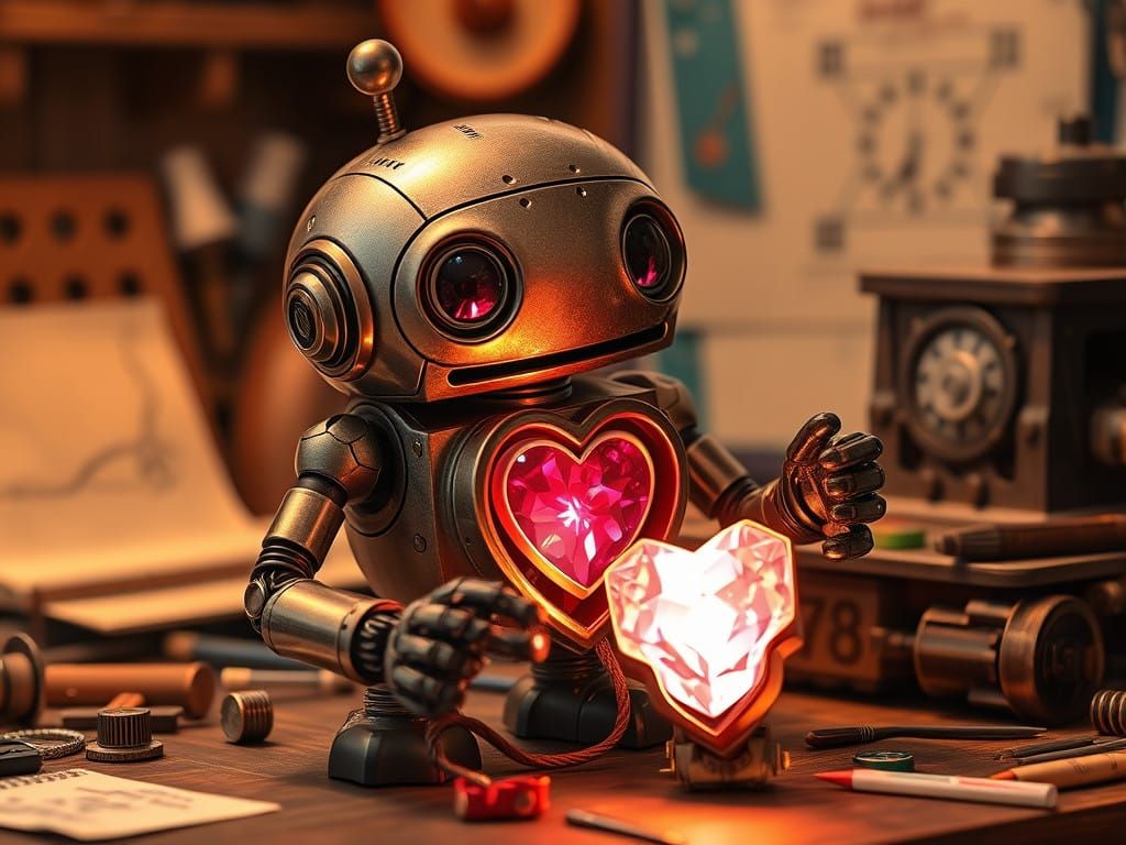 Whimsical Steampunk Robot Tinkers with Heart-Shaped Gem