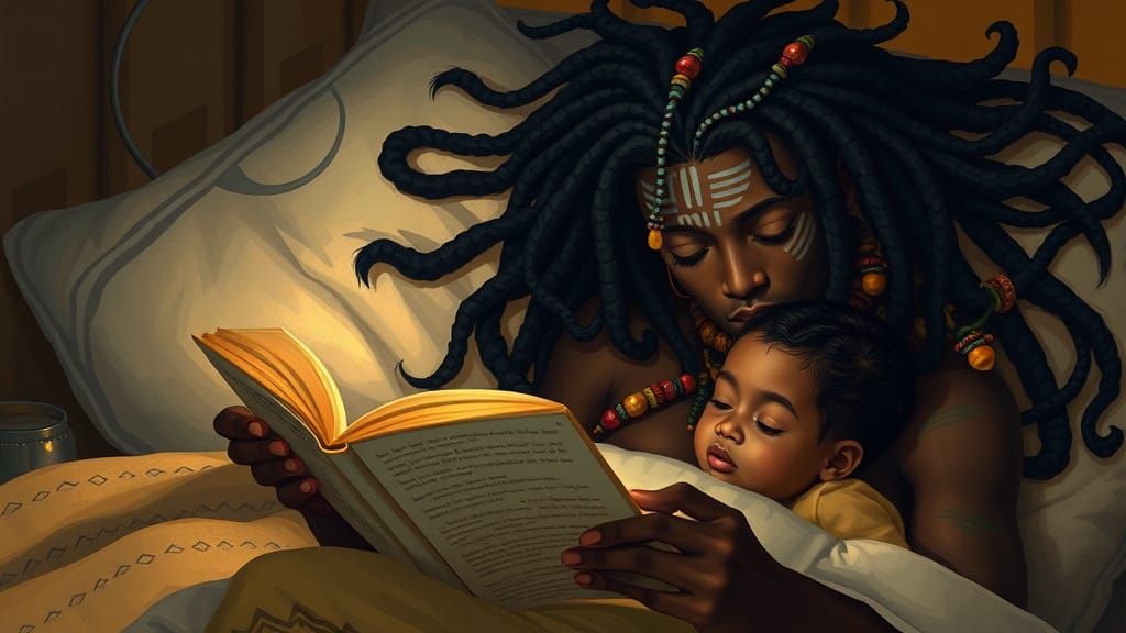 Surrealist Father Reading to Child in Bed