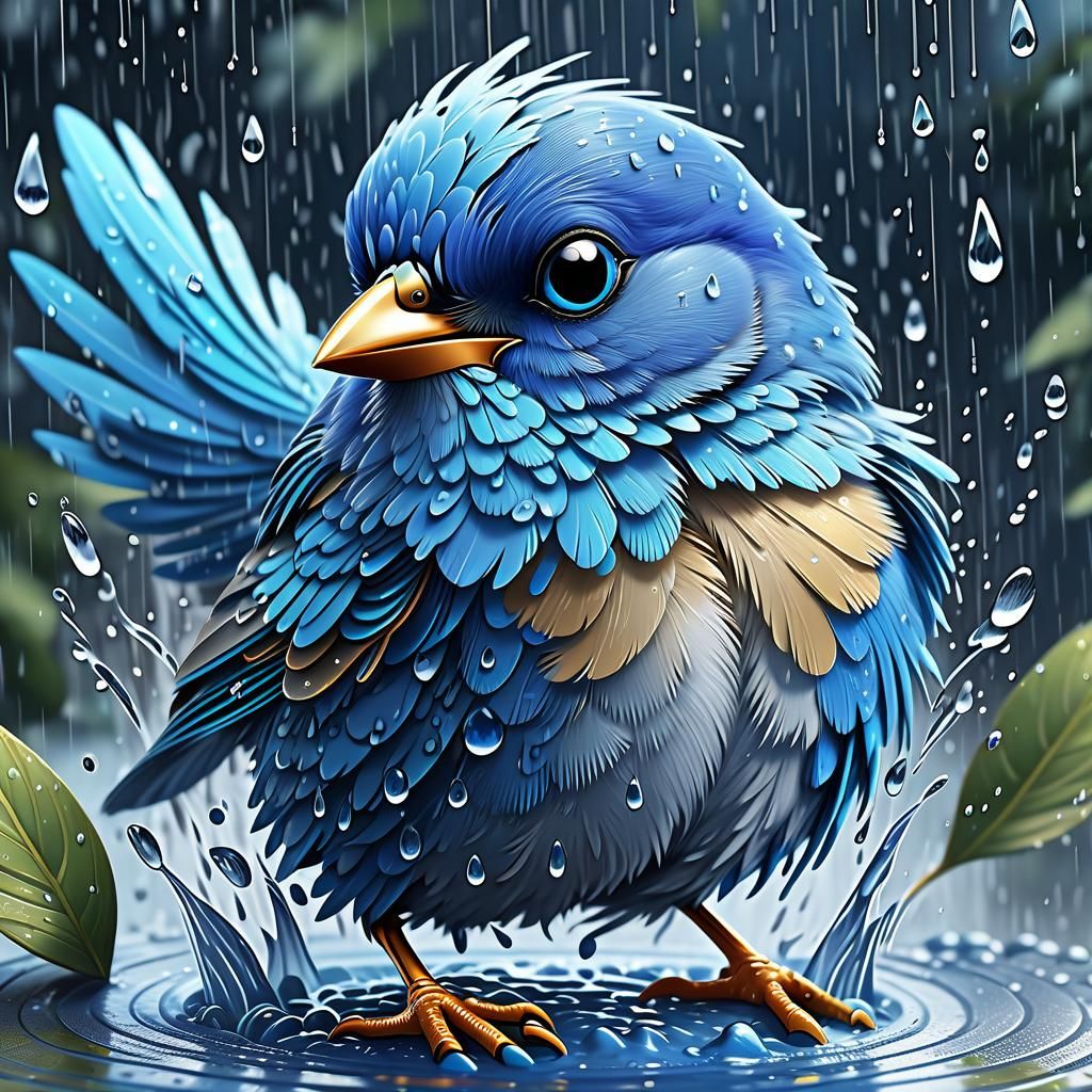 Blue Bird Enjoys a Rainy Bath: Digital Illustration