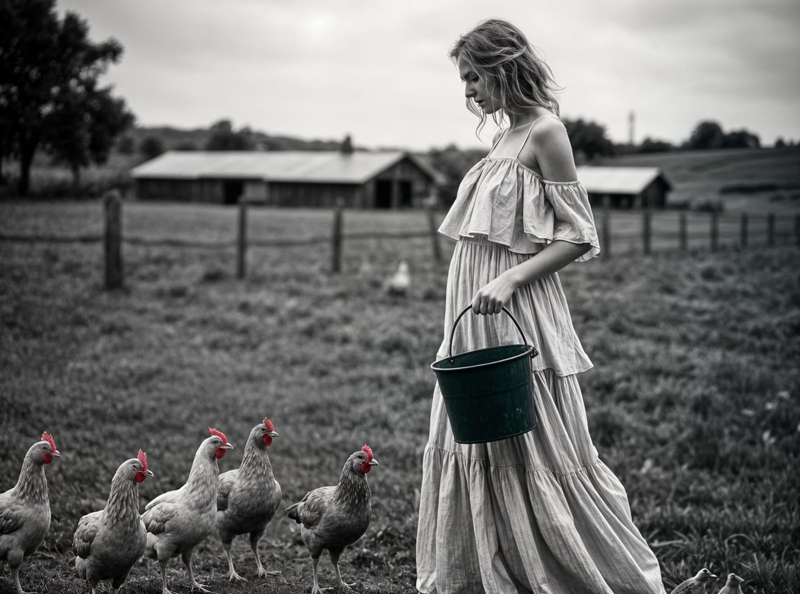 Woman Feeding Chickens in Moody Black and White