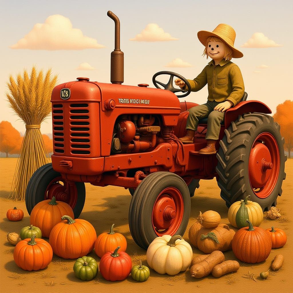 Rusty Farm Tractor Amidst Autumn Harvest