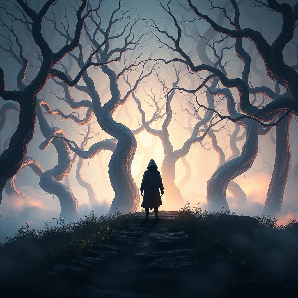 Ethereal Figure Amidst Glowing Forest