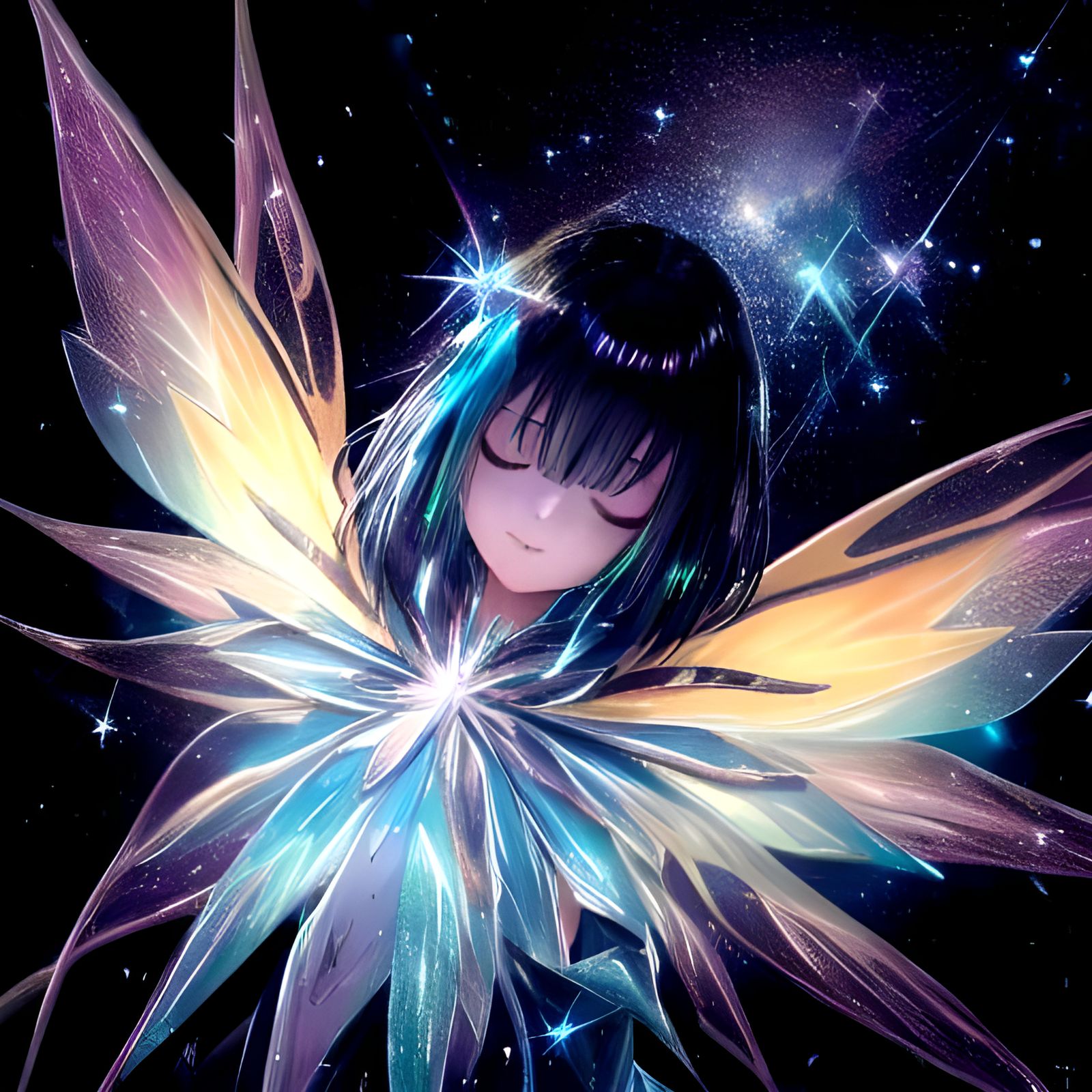 <lora:Metal Stars:0.2> Faerie of the night, shimmering iride...