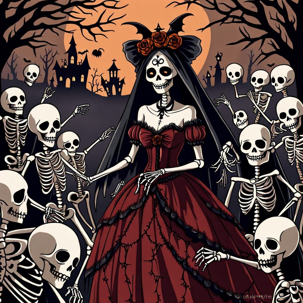 Dancing Skeletons in Masquerade Masks