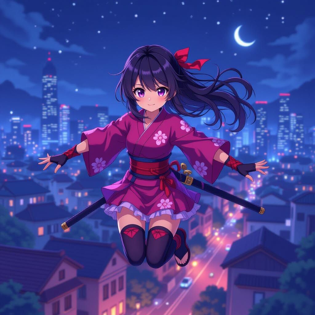 Anime Ninja Girl Leaping Over Cityscape