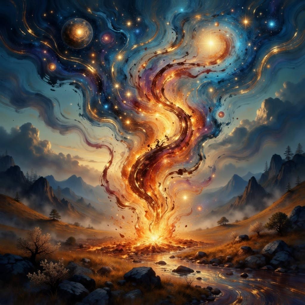 Fire Elemental in Cosmic Fantasy Landscape