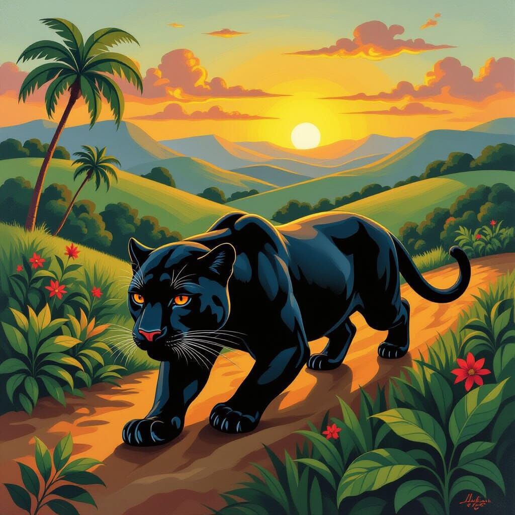 Obsidian Panther Glides Through Gauguin Landscape