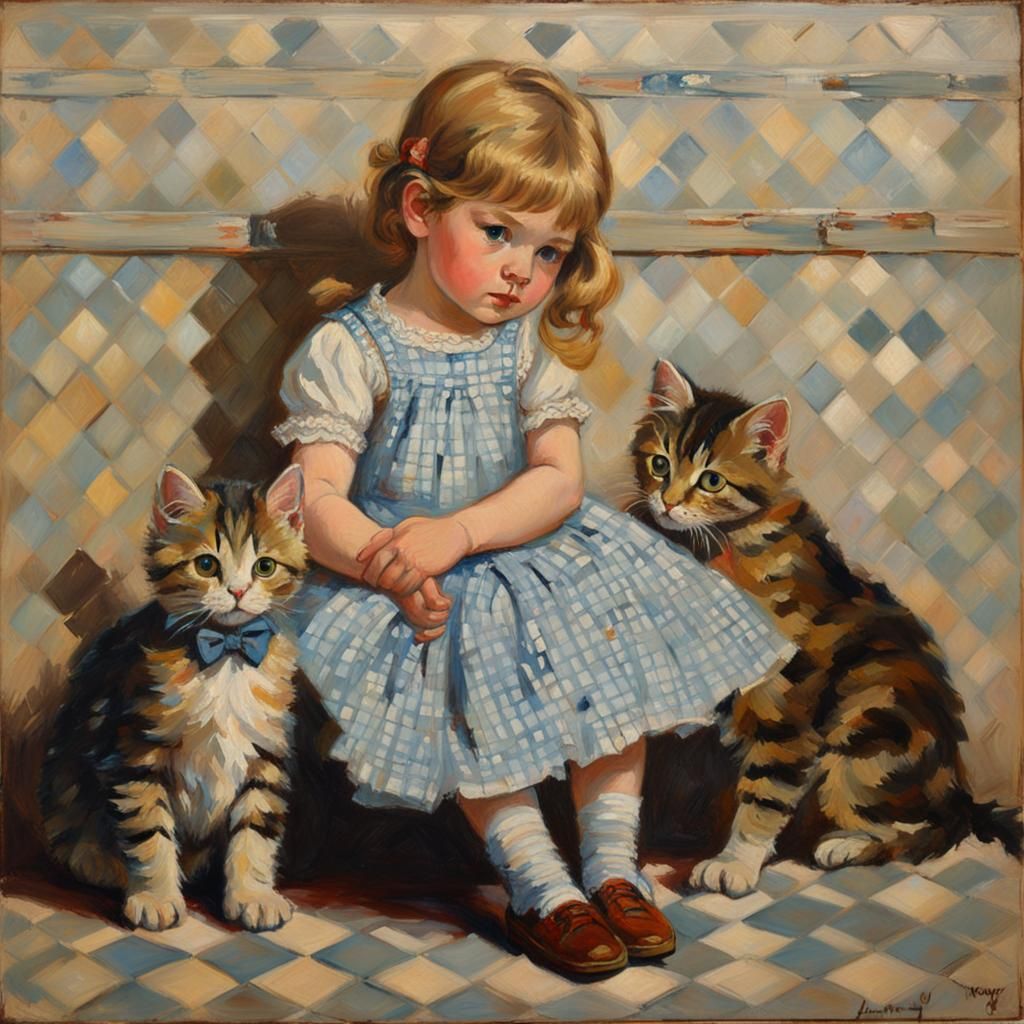 Girl with Kittens in Starry Oil Painting