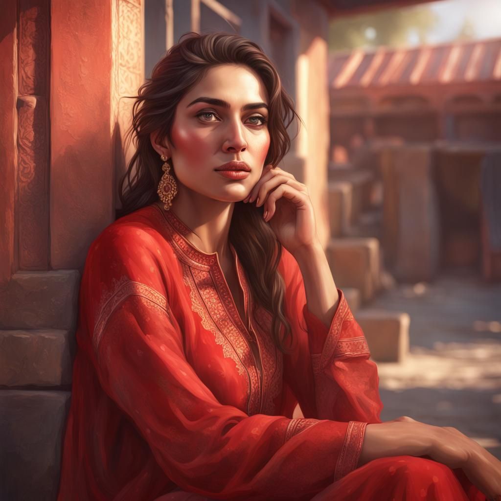 Pakistani Woman Portrait in Sunlight, Hyperrealistic Style